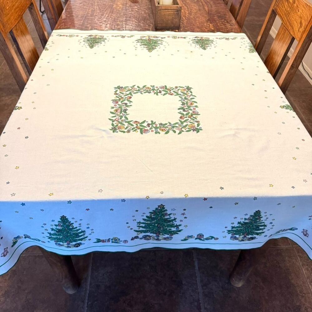 Vtg Fallani & Cohn Christmastime Tablecloth 52x52 Christmas Tree Toys Holiday
